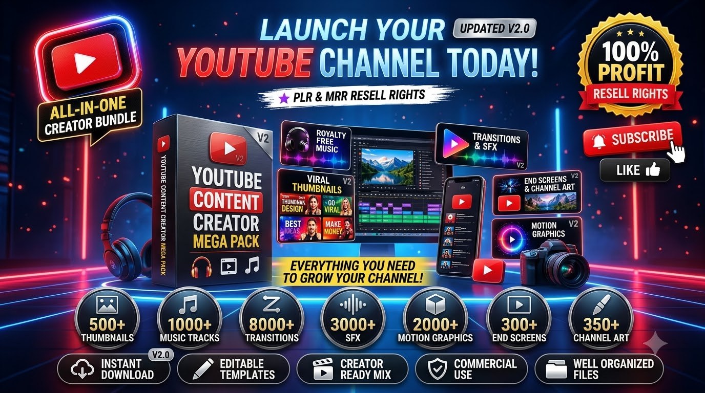YouTube Content Creator Mega Pack box beside an editing timeline, a phone and sample thumbnails